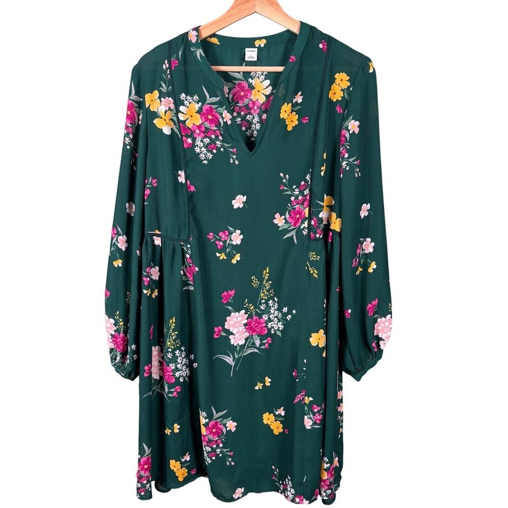 Old Navy A-Line Dress Women Size Large Green Floral VNeck Sheer Boho Long Sleeve